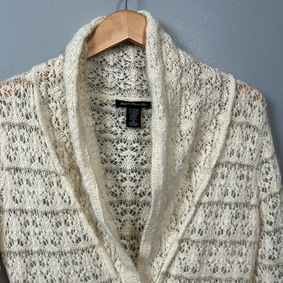 Y2K Heart Moon Star Mohair Blend Cowl Neck Sweater long Cream Crochet Open Sz M - Picture 8 of 14